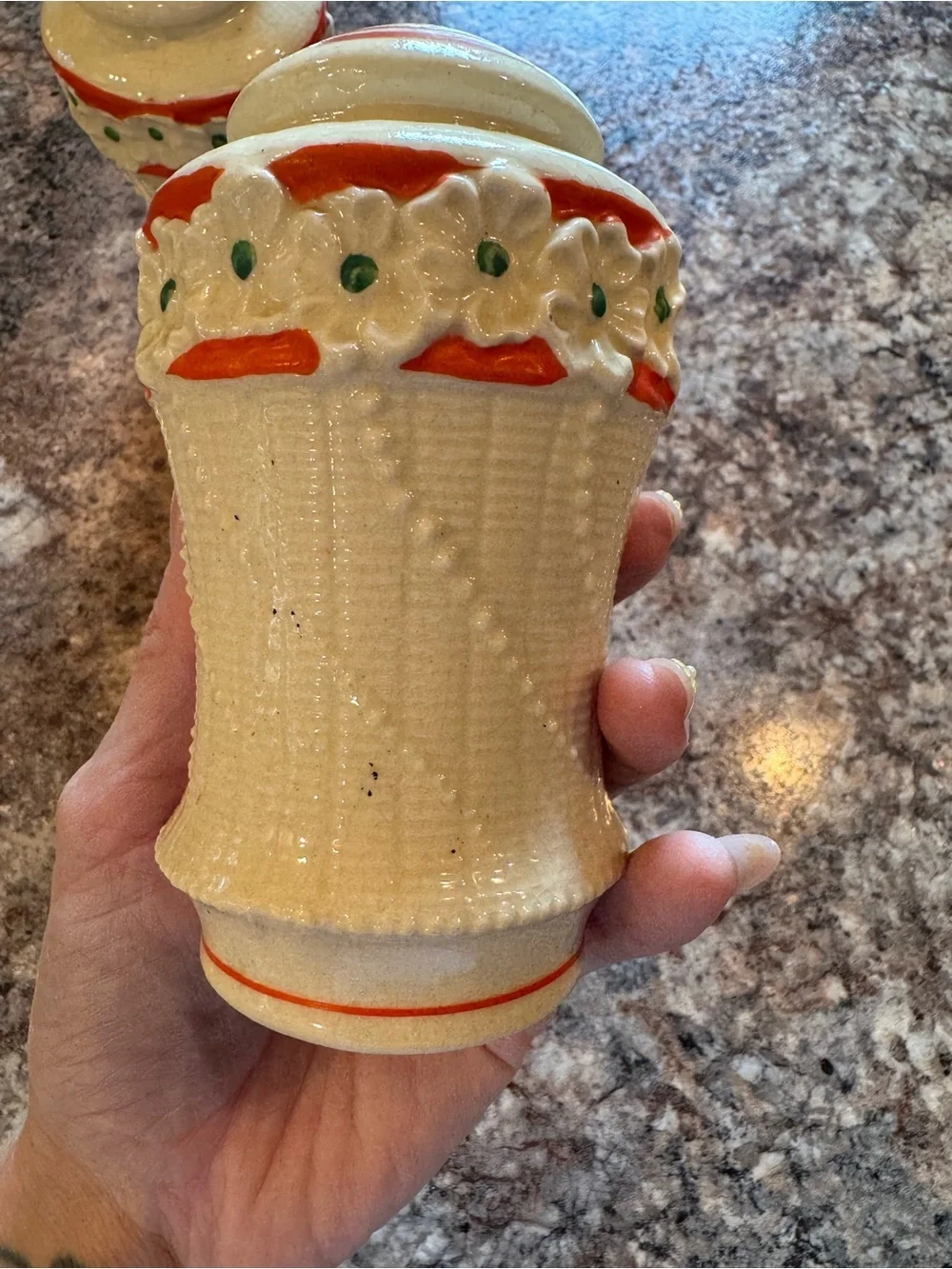 Vintage Japanese White Ceramic Salt and Pepper Shaker Set w/ Reddish/Orange Trim